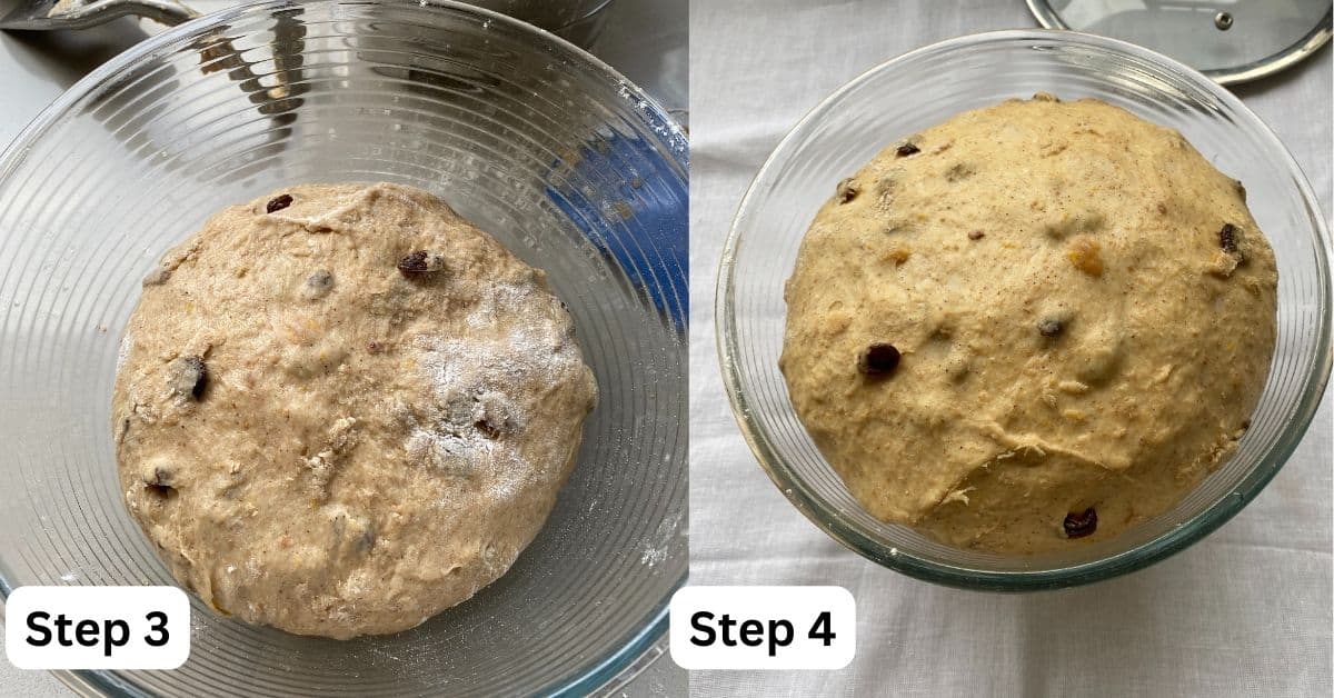 Hot Cross Bun loaf dough in a mixing bowl.