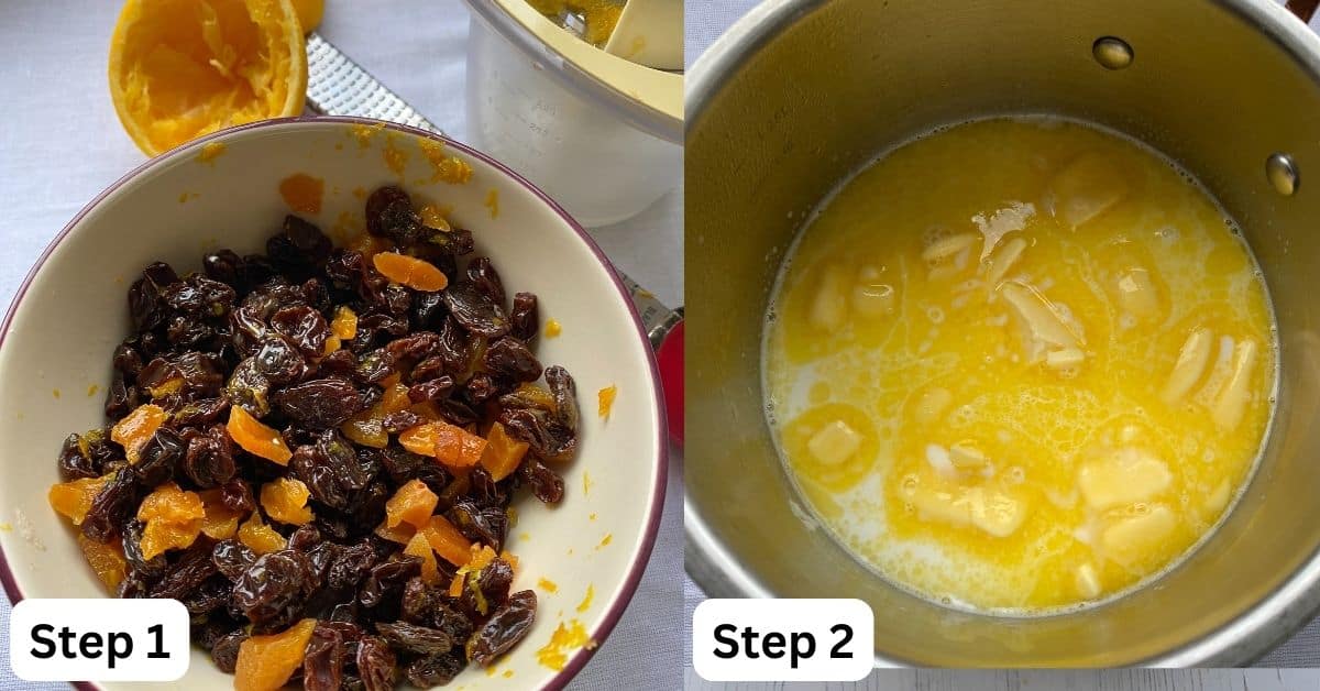 Mixed fruit in a dish and melted butter and milk in a pan.