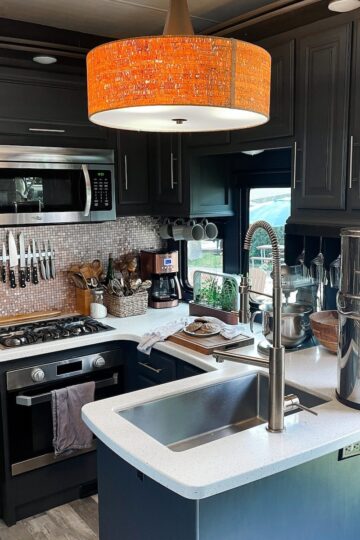 Inside the kitchen of an RV.