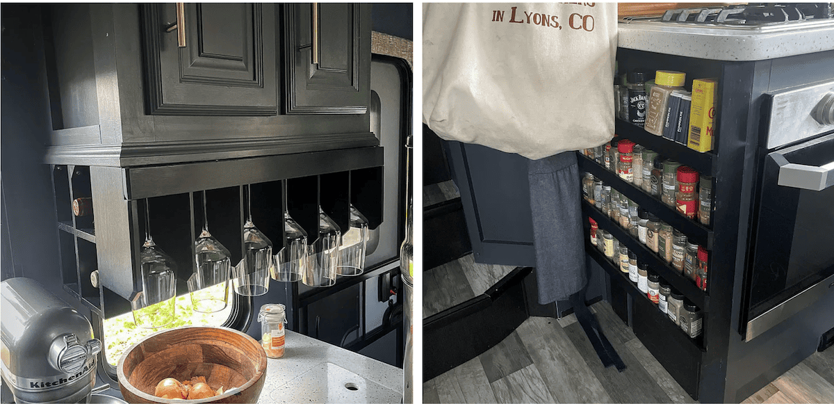 Storage space in the kitchen of an RV.