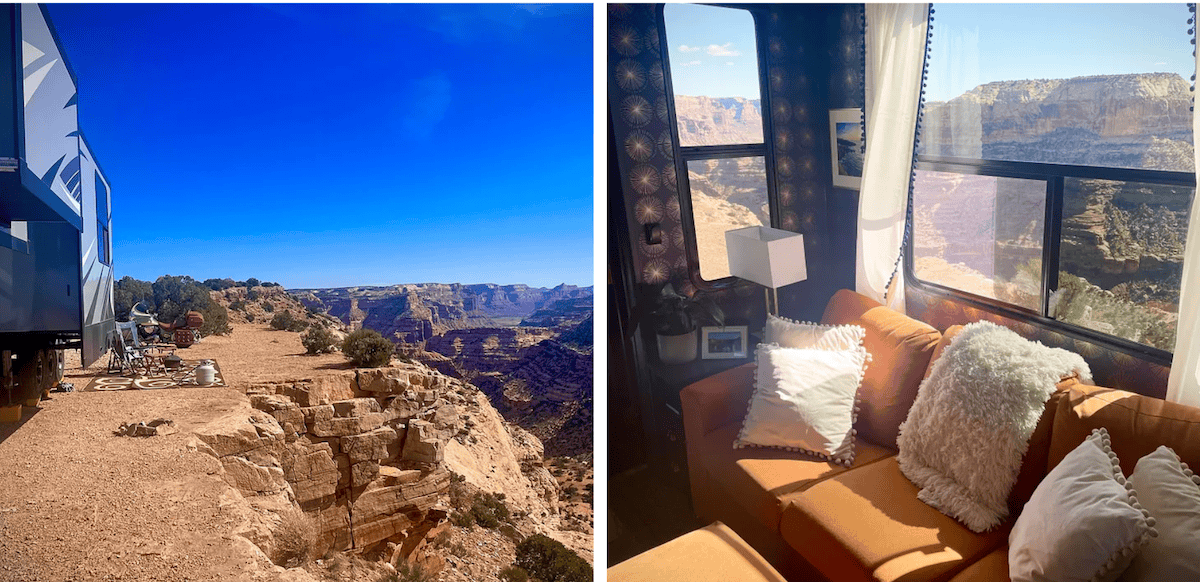 View of the hillside and landscape from an RV window.
