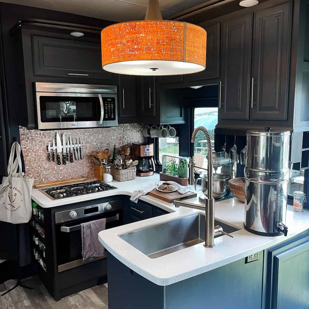 Inside an RV kitchen.