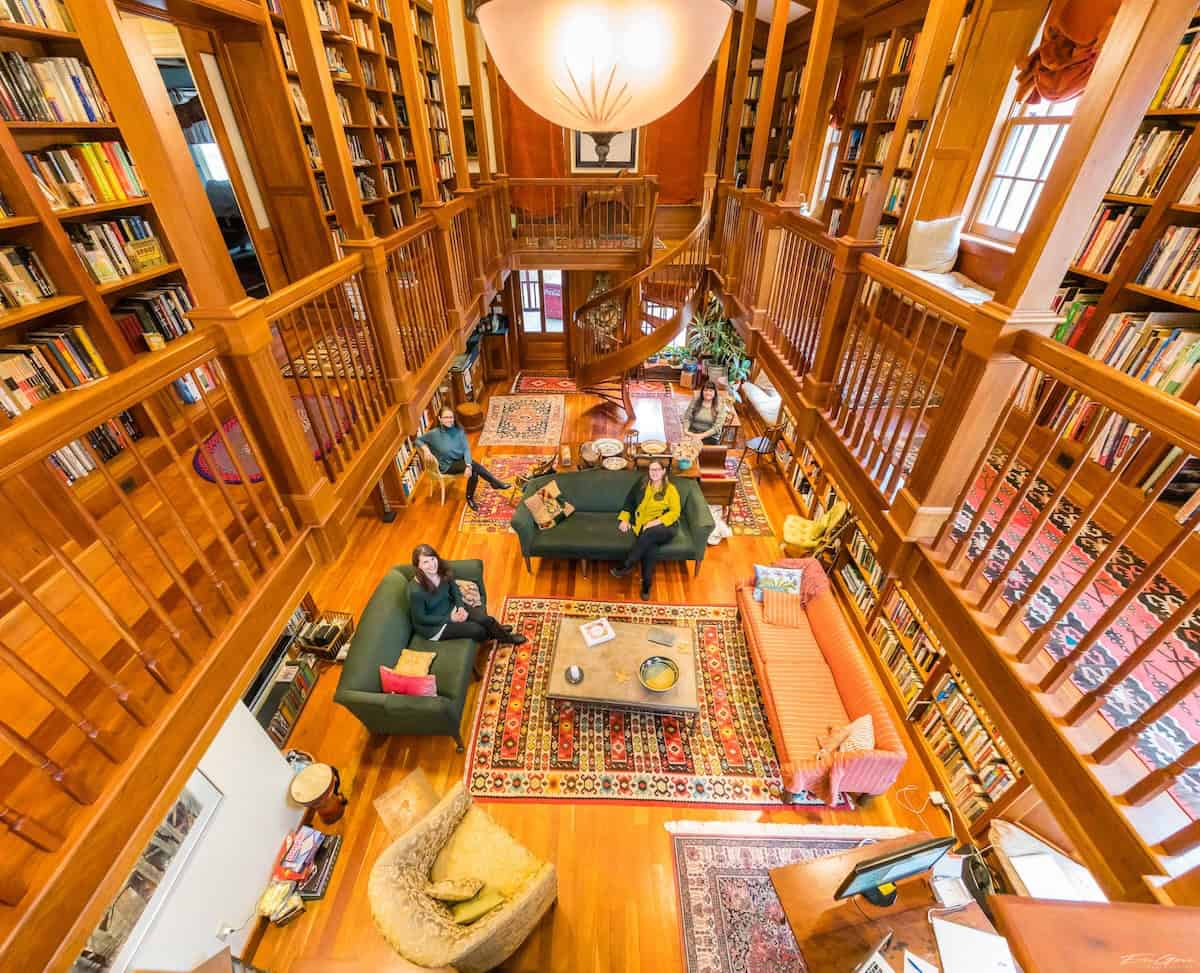 Large personal library overlooking from a balcony.