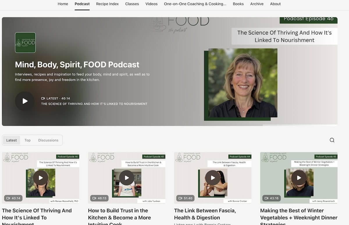 Website homepage for Mind, Body, Spirit, FOOD podcast.