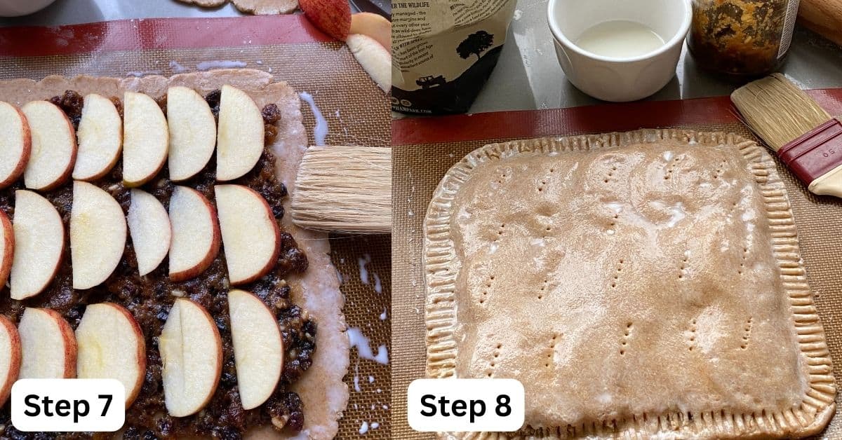 Pastry spread with sweet mincemeat and slices of apple, then topped with more pastry and brushed with milk.