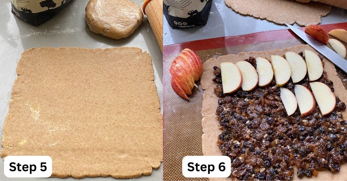 Rolled out p[pastry spread with sweet mincemeat and slices of apple.