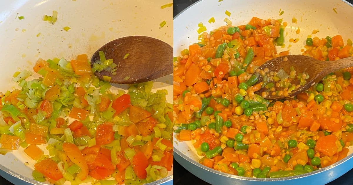 Mixed vegetables in a frying pan.