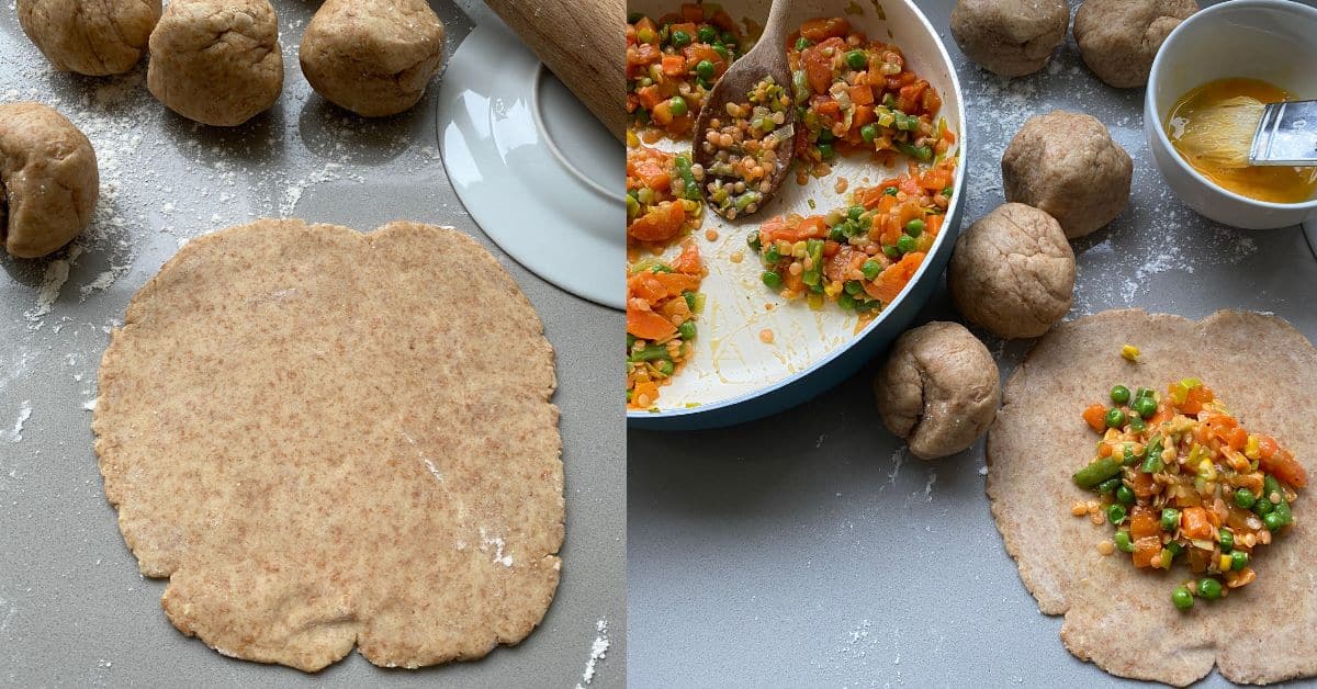 Rolled out pastry with a pan of mixed vegetables.