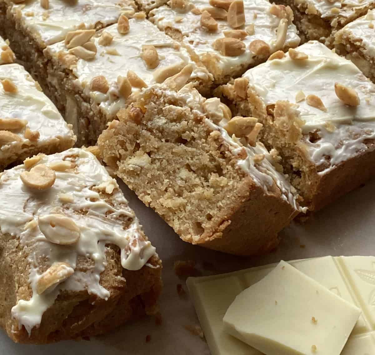 Peanut butter and White Chocolate Blondies cut into slices.