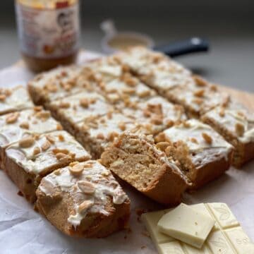 Peanut Butter and White chocolate blondies cut into portions.