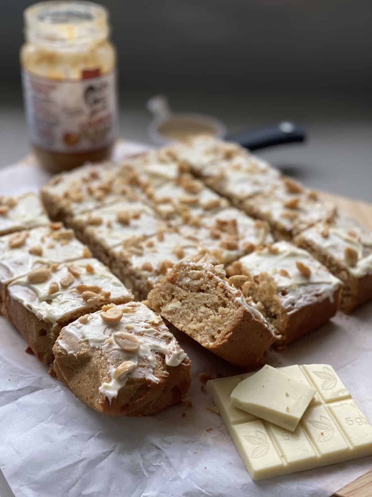 Peanut Butter and White Chocolate Blondies cut into slices.