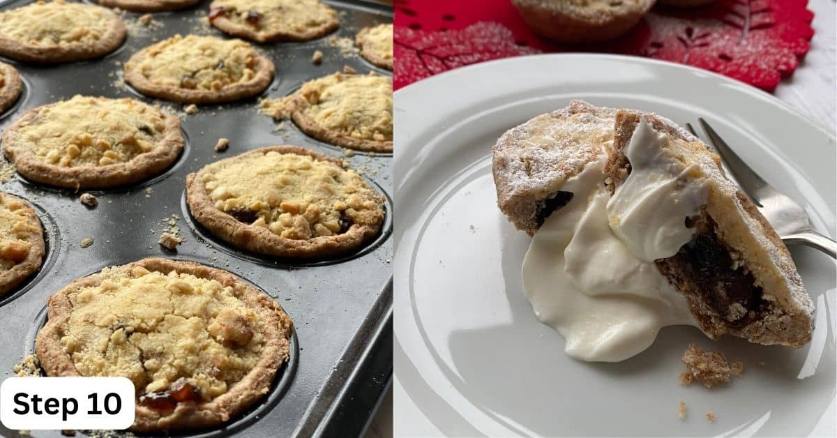 Bakes Mince Pies with a Streusel topping. Freshly baked Streusel Mince Pies with a dash of yogurt or cream on the side.