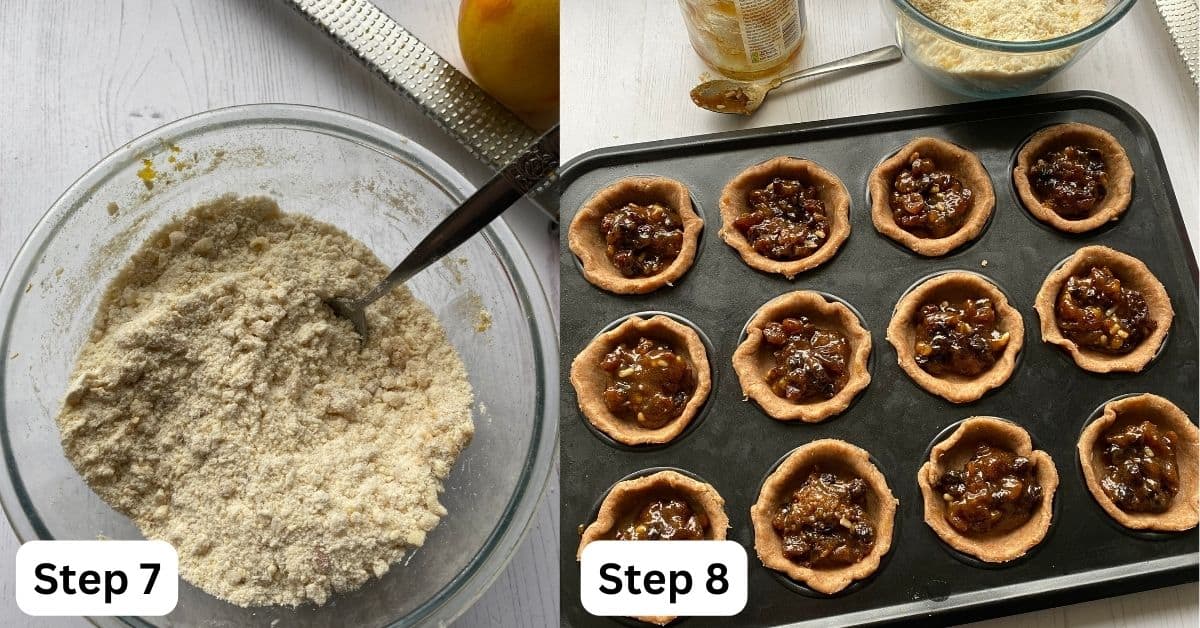 Fill the pastry cases with sweet Mincemeat. Unbaked Mince Pies with a Streusel topping.