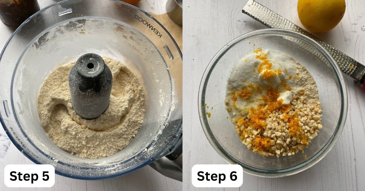 Making the streusel topping in a food processor. Finely ground flour and butter in a food processor.